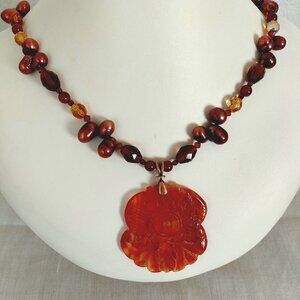 Vintage Orange Jade Pendant Necklace with Pearls and Crystal Beads